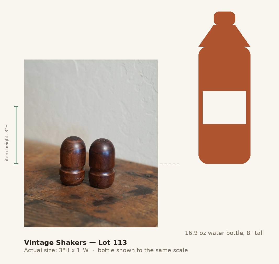 Vintage Shakers — Lot 113, shown to scale next to a water bottle