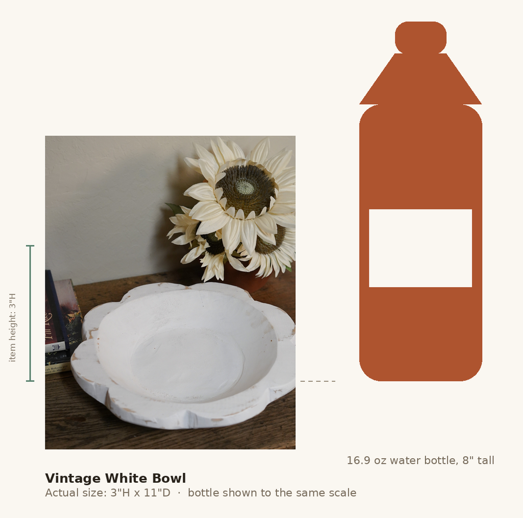 Vintage White Bowl, shown to scale next to a water bottle
