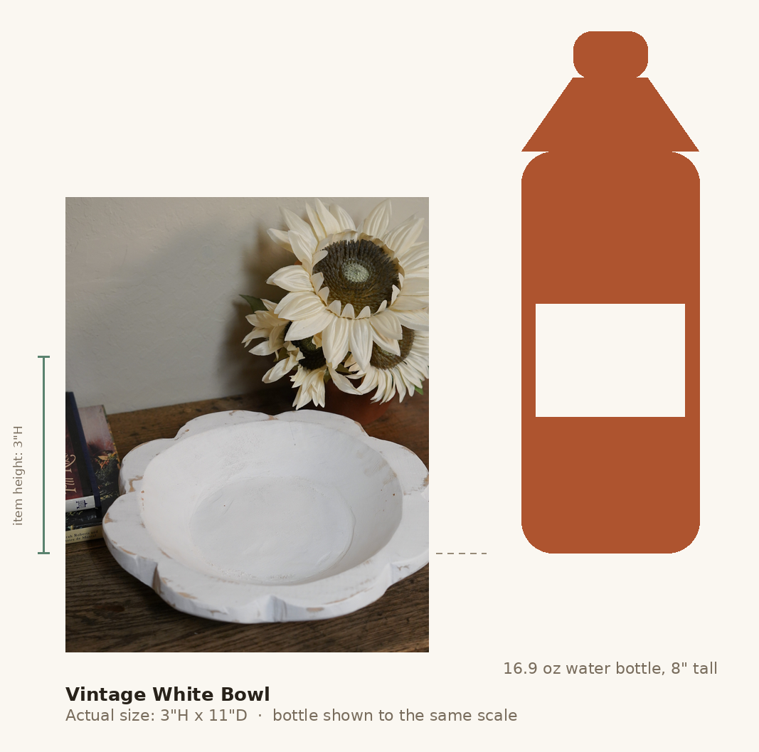 Vintage White Bowl, shown to scale next to a water bottle