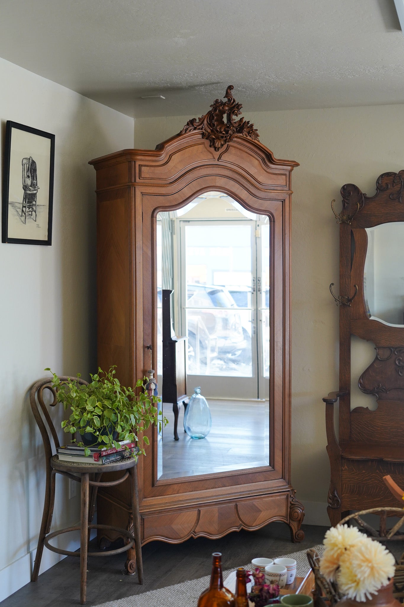 Vintage French Provincial Louis XV-Style Mirrored Armoire