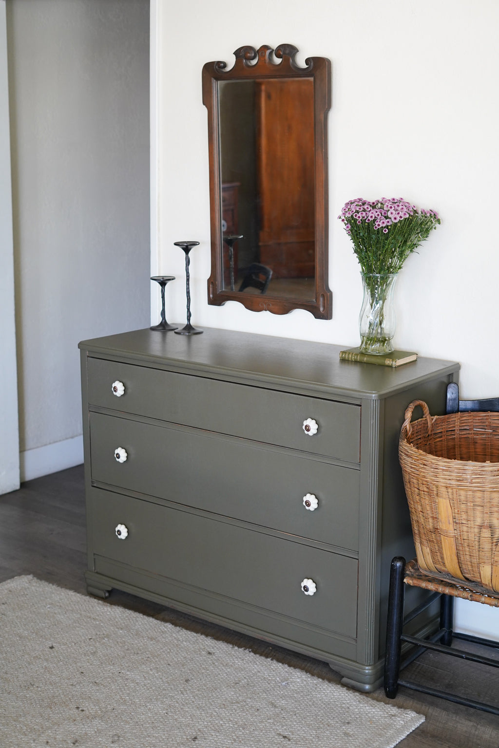 Antique Green Dresser with Flower Knobs