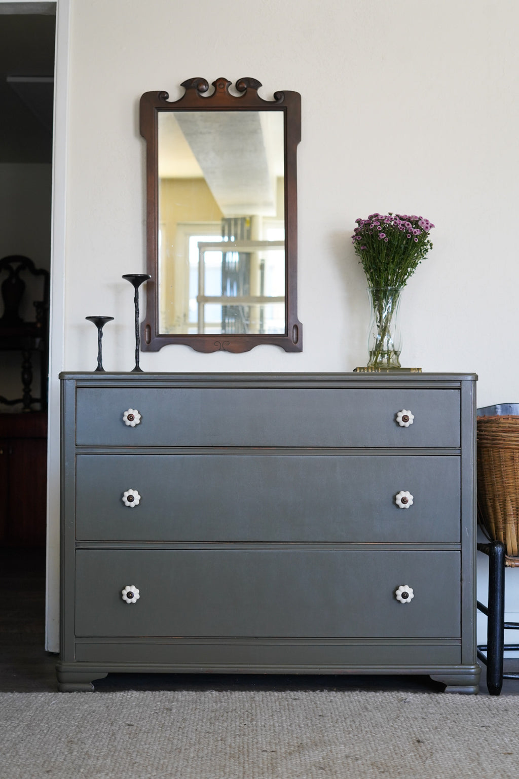 Antique Green Dresser with Flower Knobs