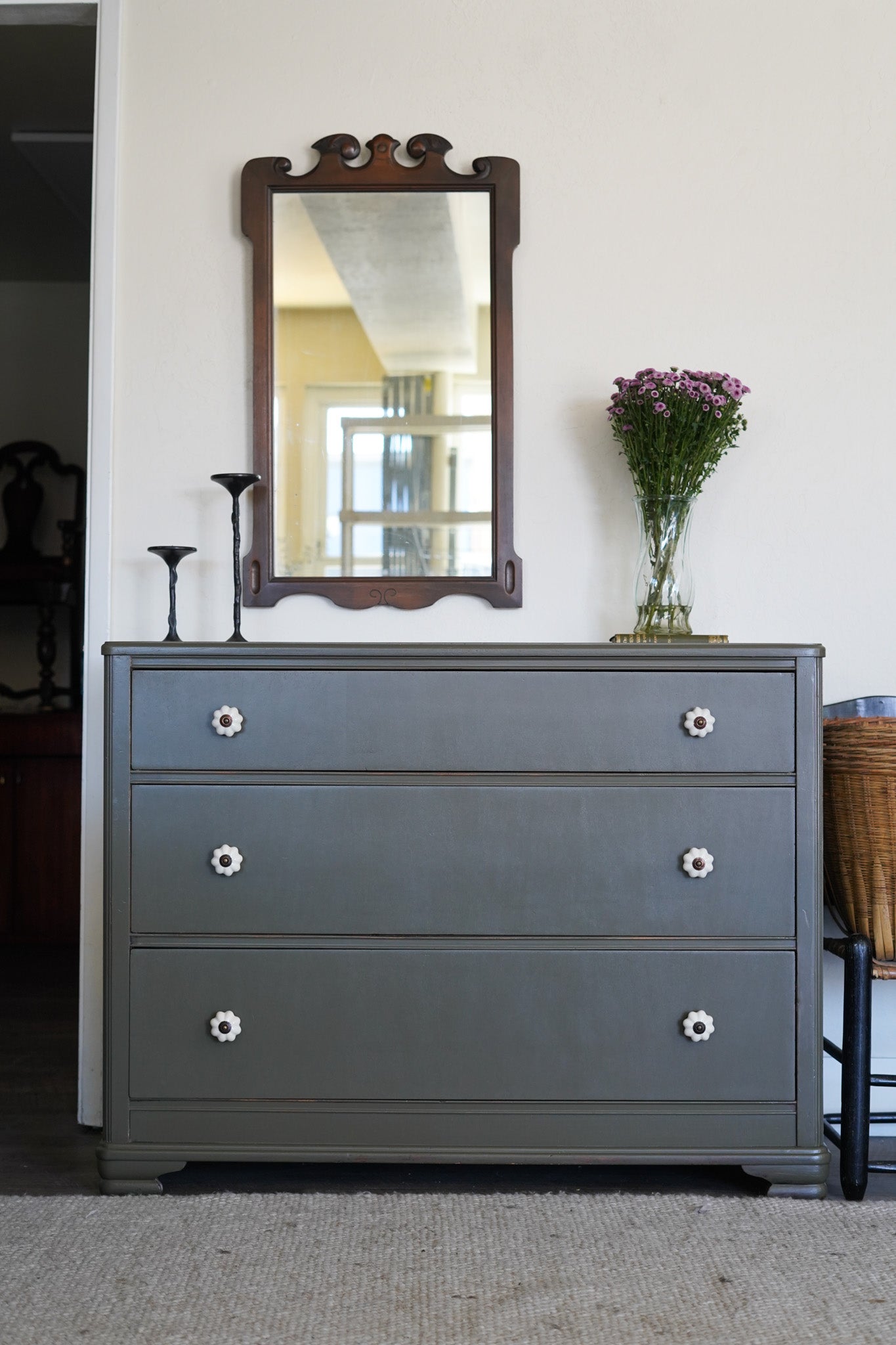 Antique Green Dresser with Flower Knobs