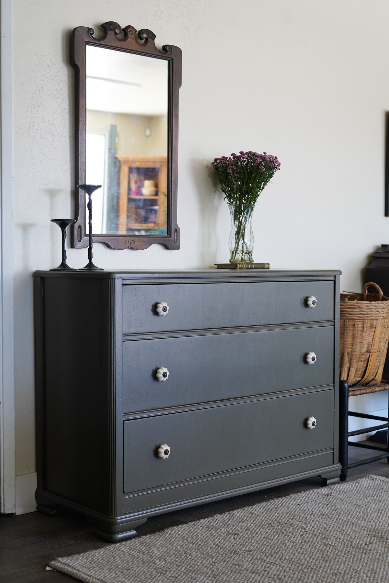 Antique Green Dresser with Flower Knobs