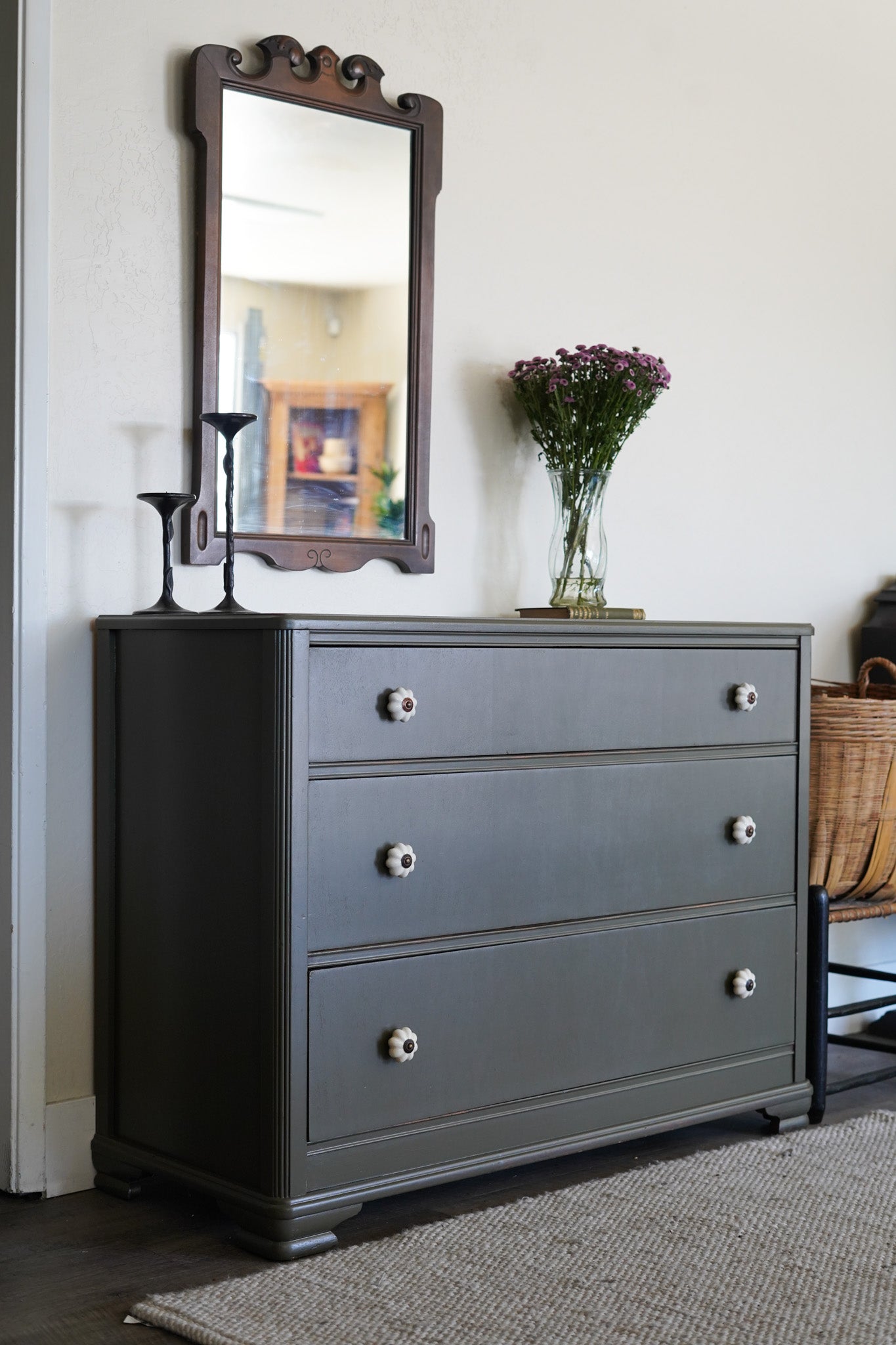Antique Green Dresser with Flower Knobs