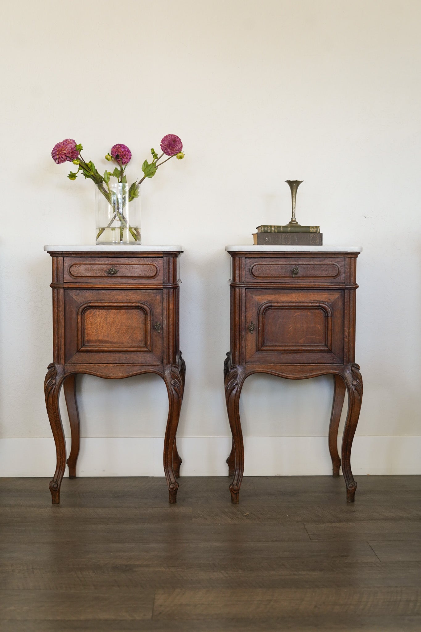 Antique Chippendale-Style Marble-Top Nightstands (Pair)