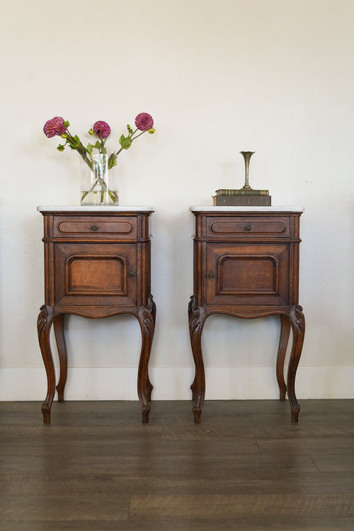 Antique Chippendale-Style Marble-Top Nightstands (Pair)