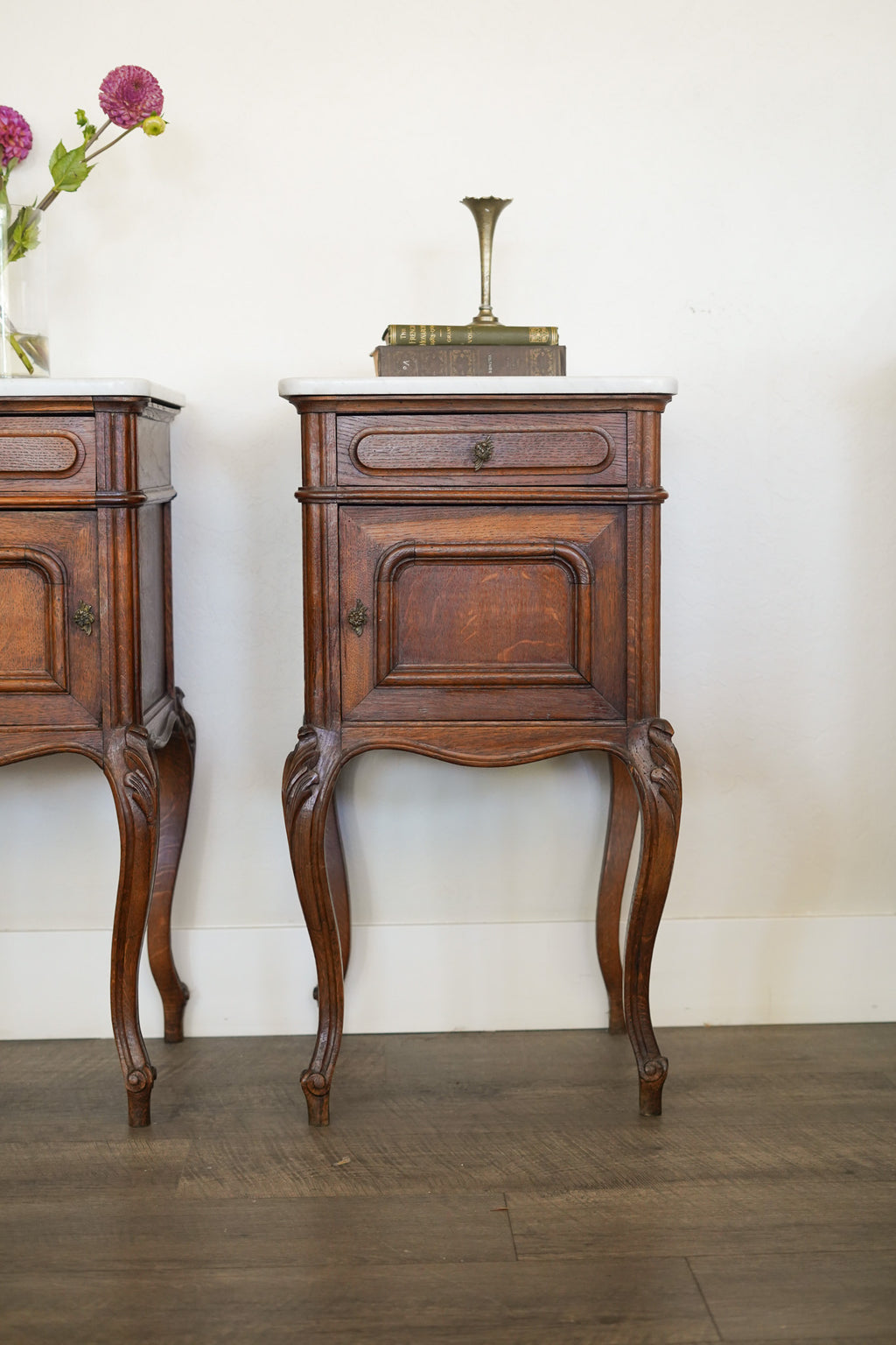 Antique Chippendale-Style Marble-Top Nightstands (Pair)
