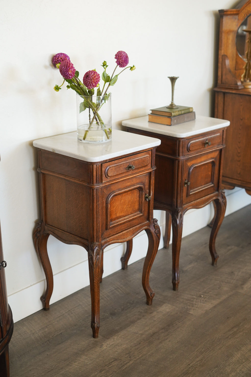 Antique Chippendale-Style Marble-Top Nightstands (Pair)