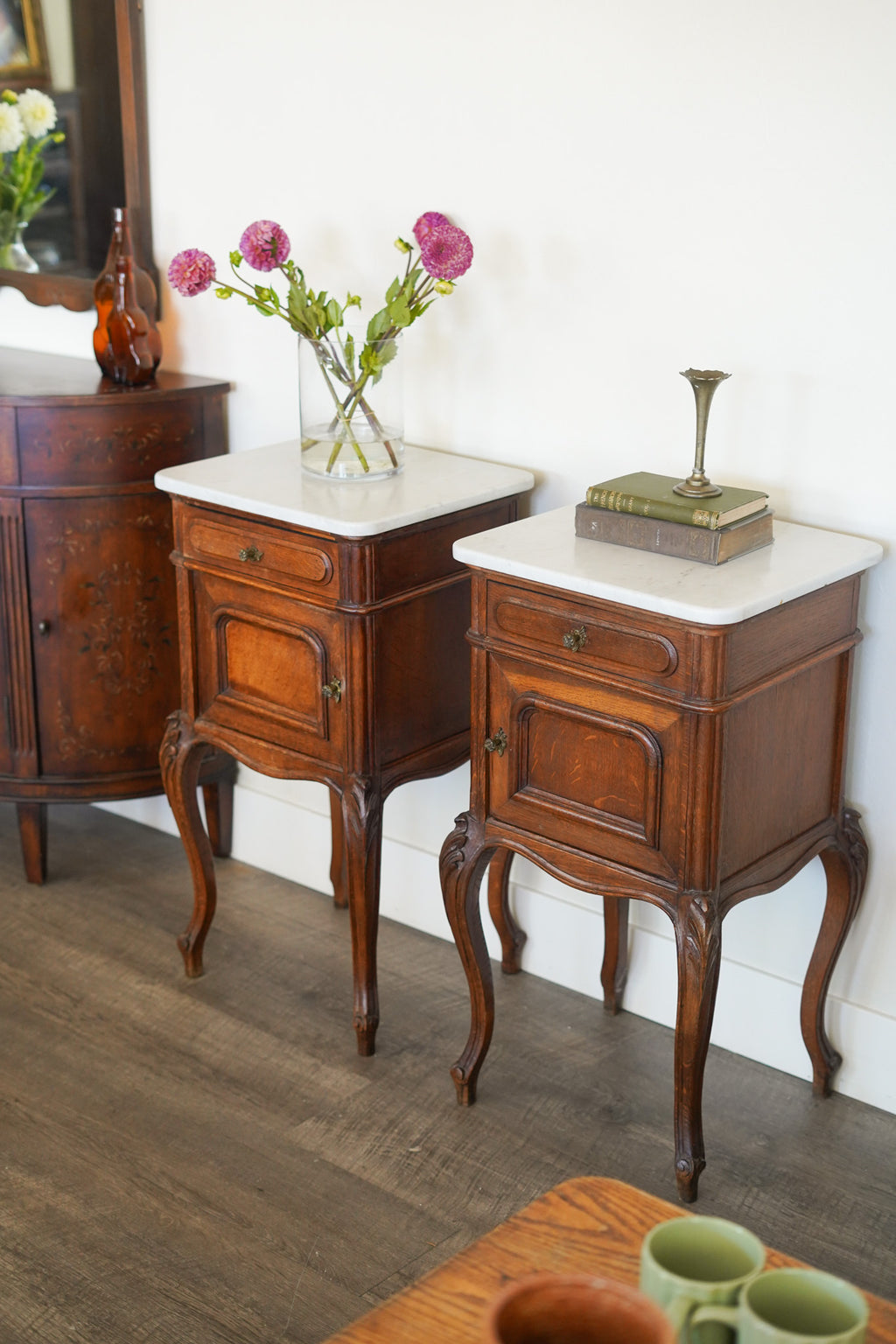 Antique Chippendale-Style Marble-Top Nightstands (Pair)
