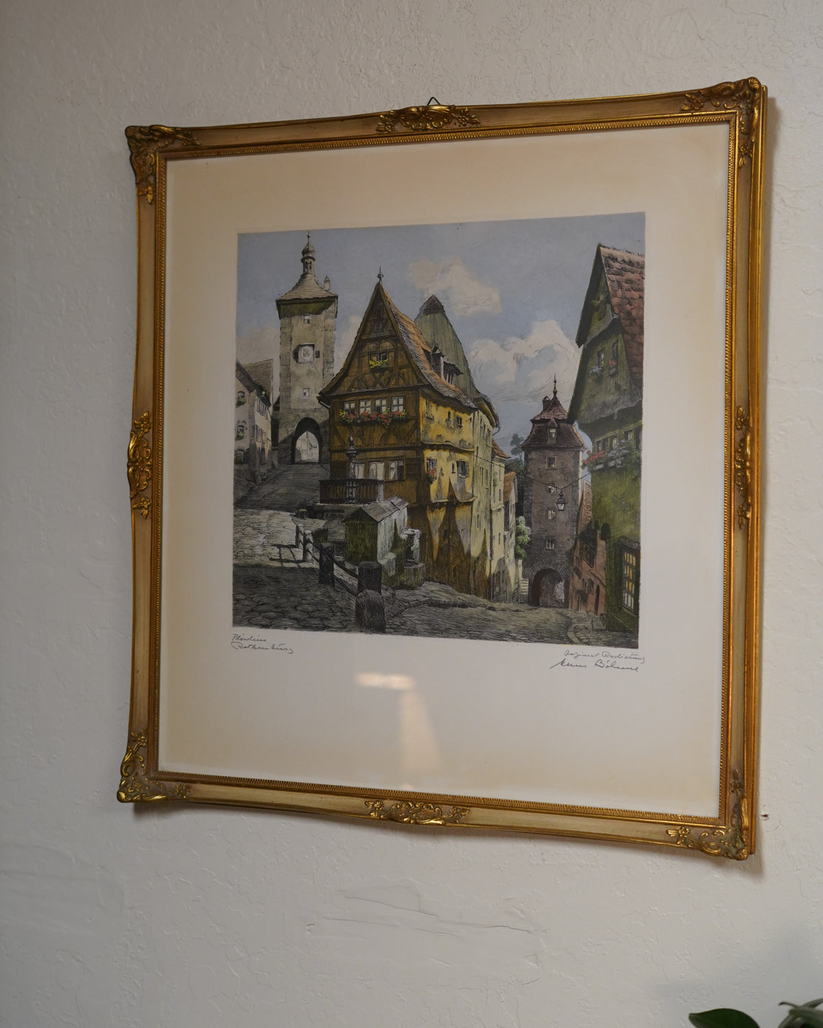 Hand-colored etching of the Plönlein, Rothenburg, by Hans Böhme