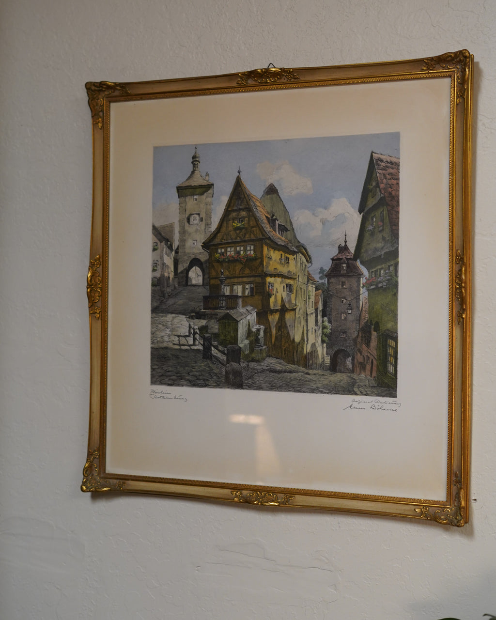 Hand-colored etching of the Plönlein, Rothenburg, by Hans Böhme