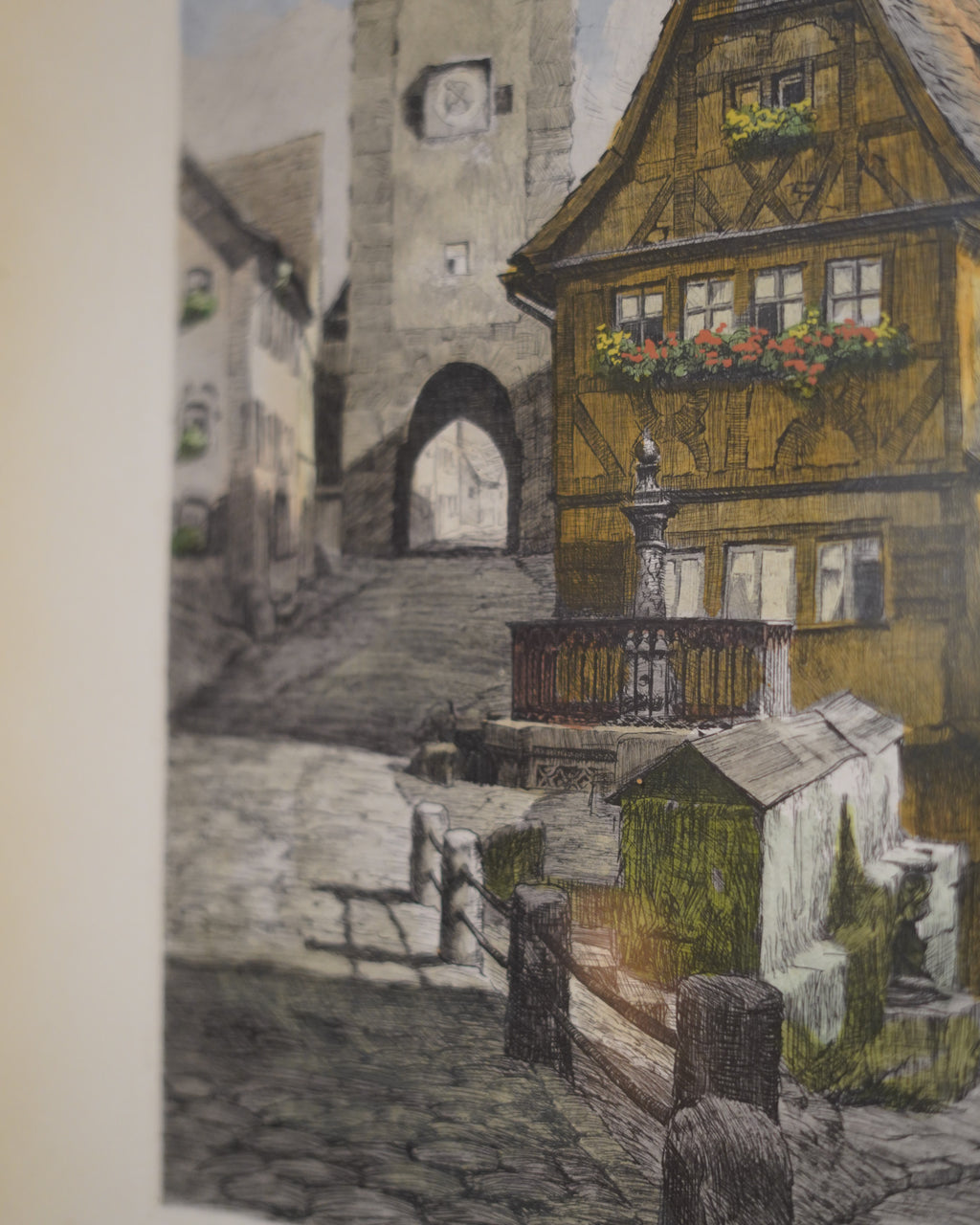 Hand-colored etching of the Plönlein, Rothenburg, by Hans Böhme