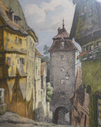 Hand-colored etching of the Plönlein, Rothenburg, by Hans Böhme