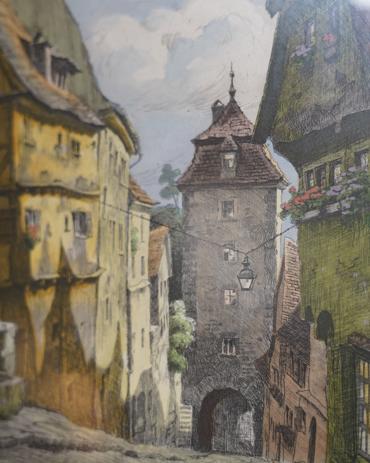 Hand-colored etching of the Plönlein, Rothenburg, by Hans Böhme