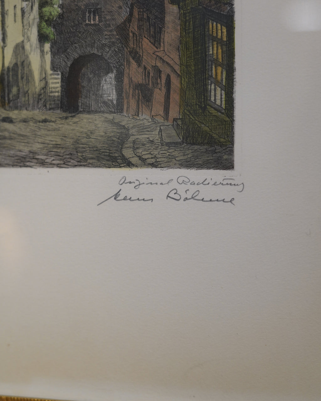 Hand-colored etching of the Plönlein, Rothenburg, by Hans Böhme