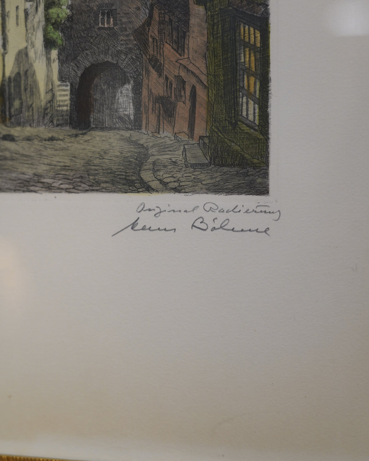 Hand-colored etching of the Plönlein, Rothenburg, by Hans Böhme