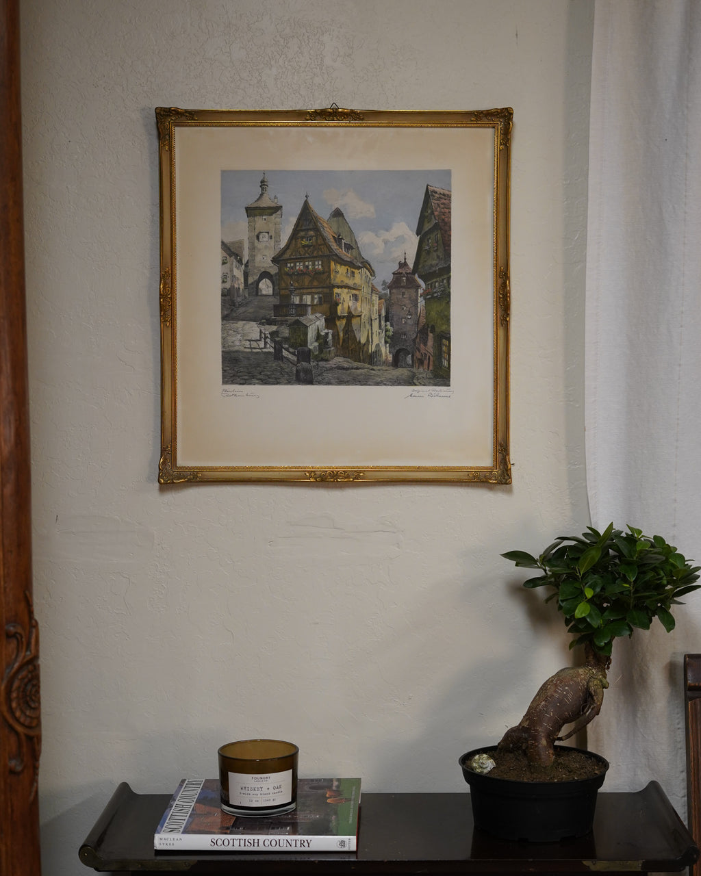 Hand-colored etching of the Plönlein, Rothenburg, by Hans Böhme