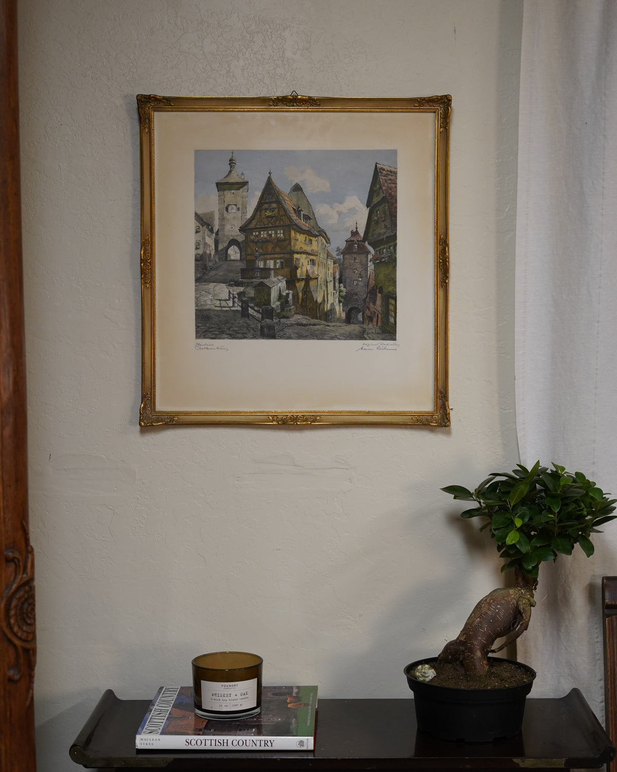 Hand-colored etching of the Plönlein, Rothenburg, by Hans Böhme