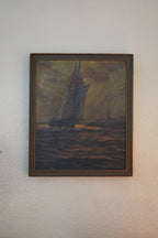 Antique oil painting of a schooner at dusk, V. Johnson 1919