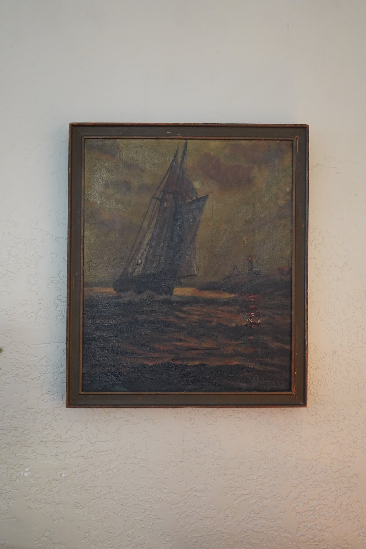Antique oil painting of a schooner at dusk, V. Johnson 1919
