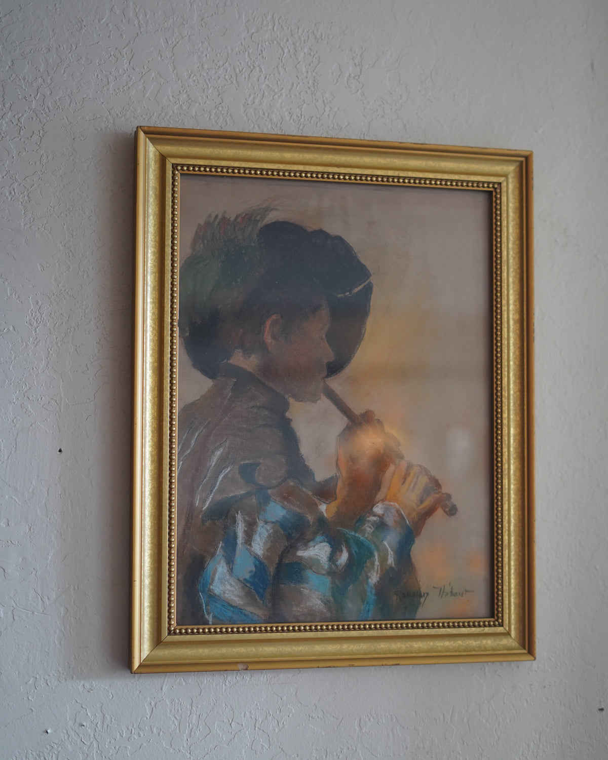 Pastel of a boy playing the flute by Rosemary Thibault