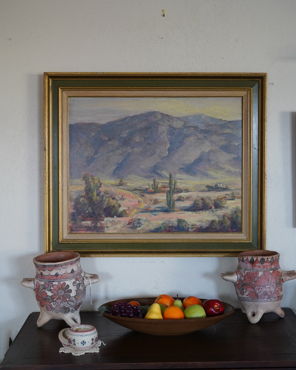 1940 desert landscape oil with covered wagon, Haven Charles Ketelson