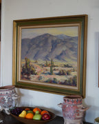 1940 desert landscape oil with covered wagon, Haven Charles Ketelson