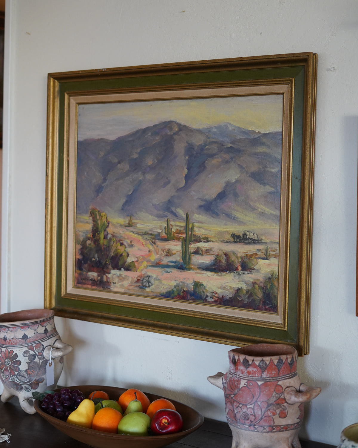 1940 desert landscape oil with covered wagon, Haven Charles Ketelson