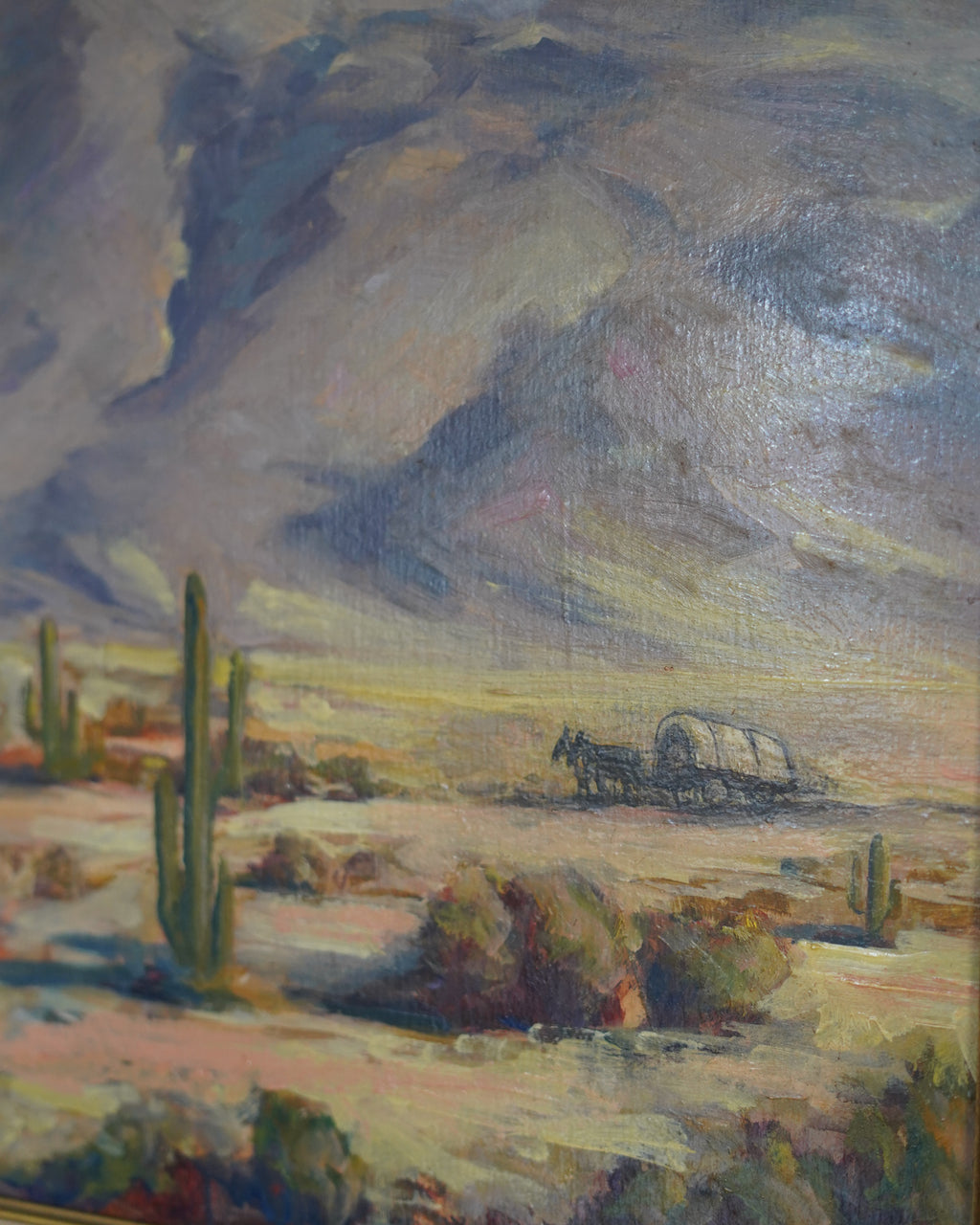 1940 desert landscape oil with covered wagon, Haven Charles Ketelson