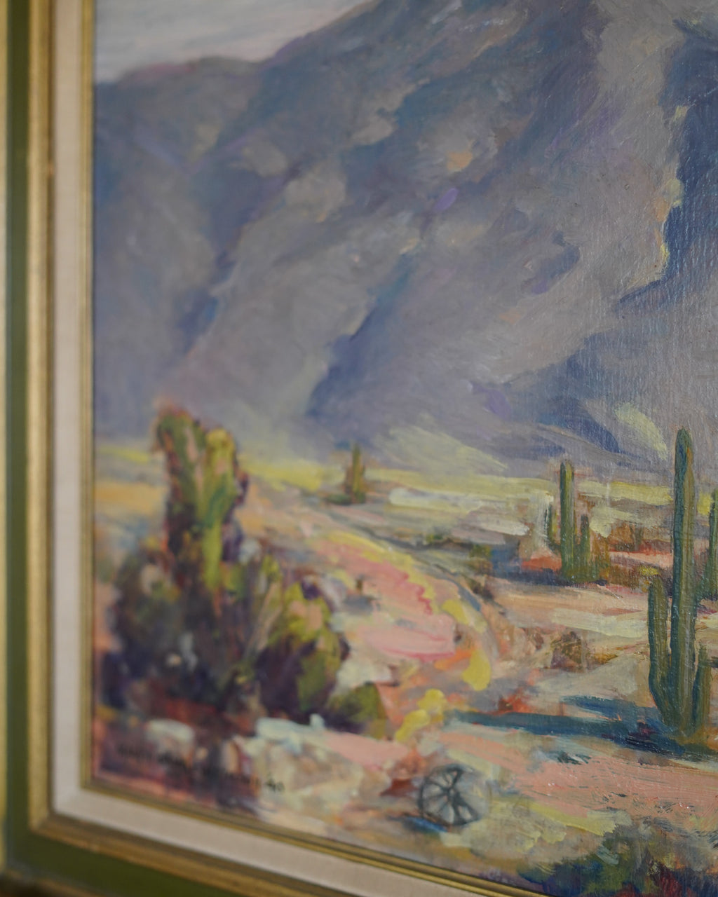 1940 desert landscape oil with covered wagon, Haven Charles Ketelson