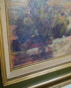 1940 desert landscape oil with covered wagon, Haven Charles Ketelson