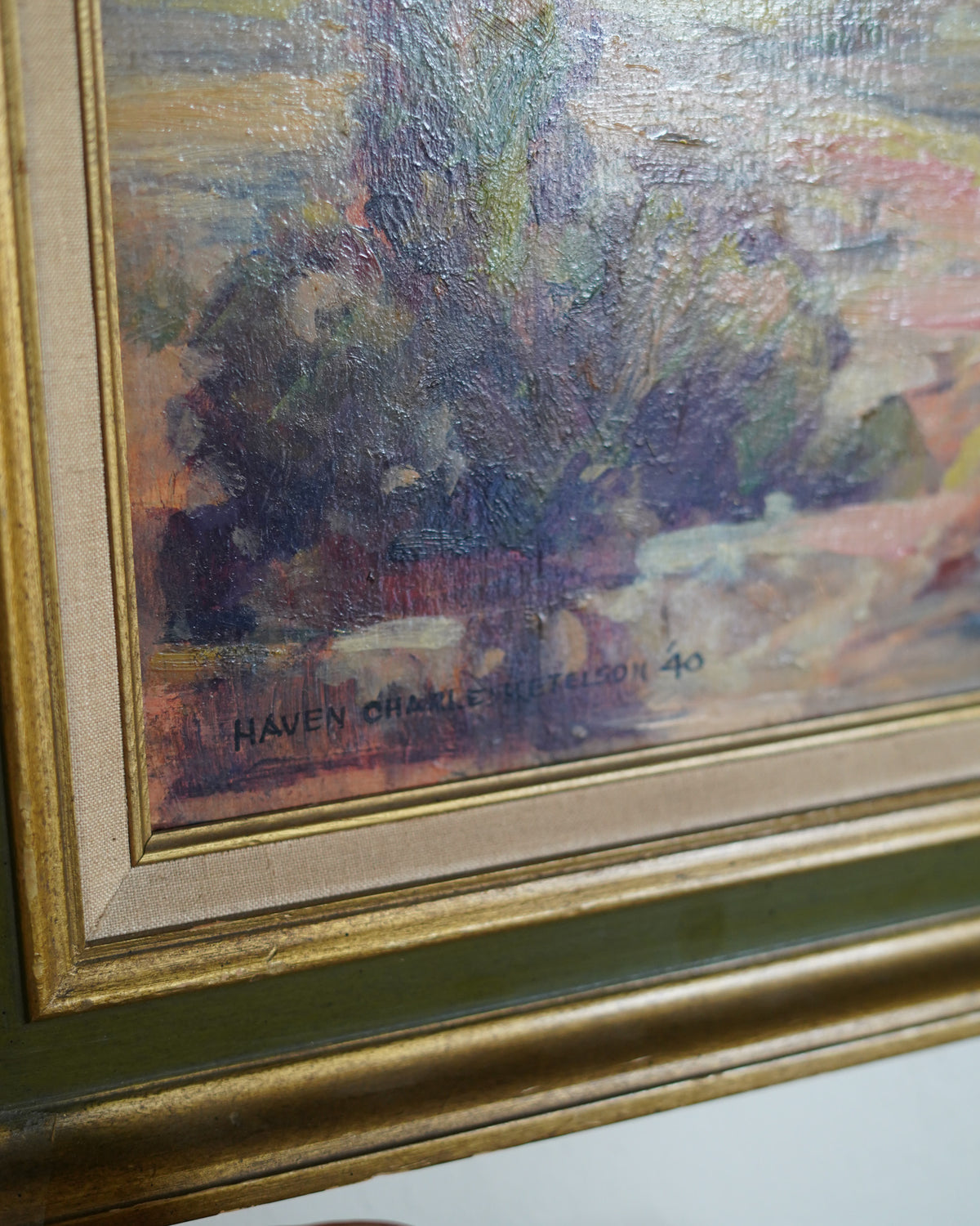 1940 desert landscape oil with covered wagon, Haven Charles Ketelson