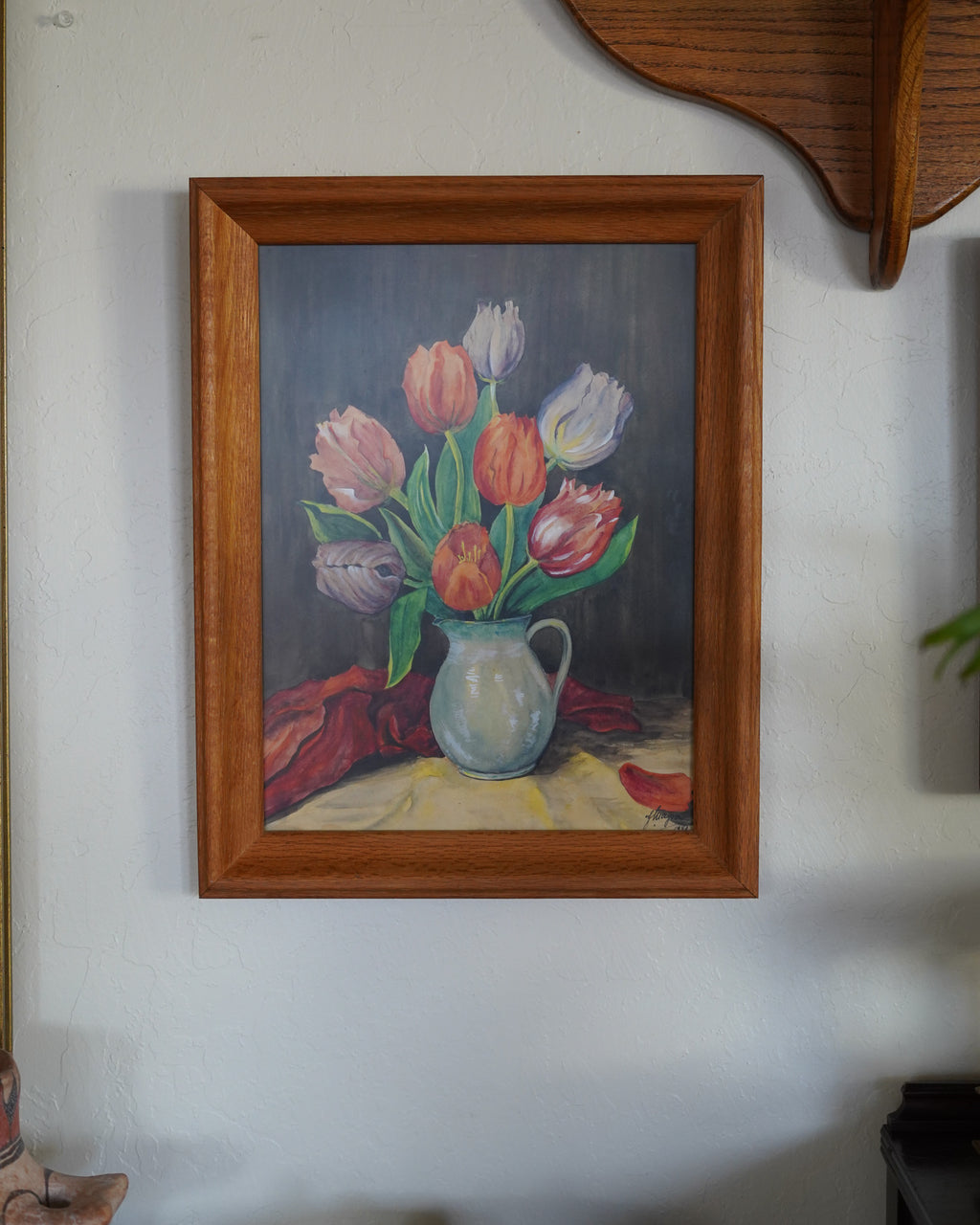 Watercolor of tulips in a pitcher, J. Mayer 1948