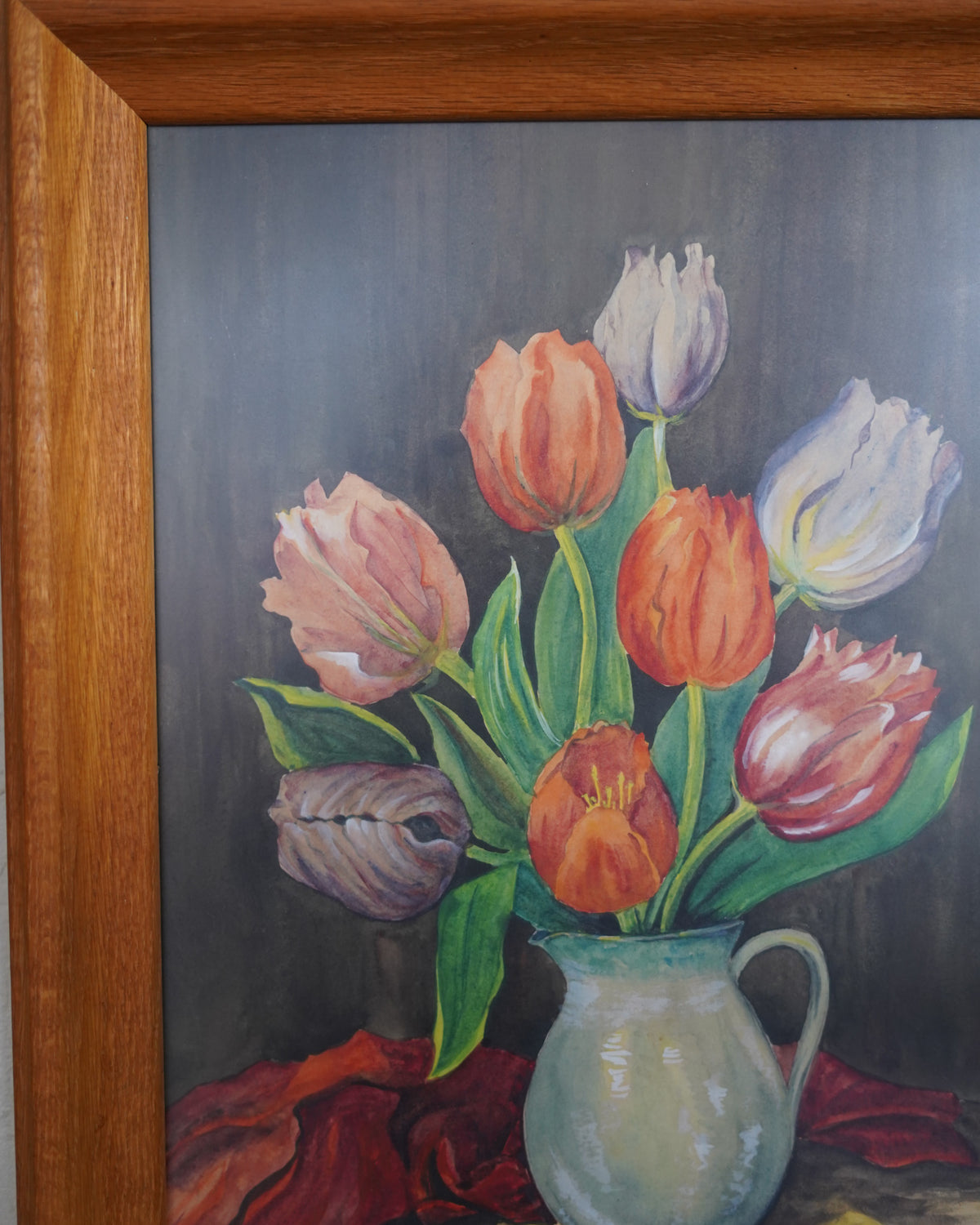 Watercolor of tulips in a pitcher, J. Mayer 1948