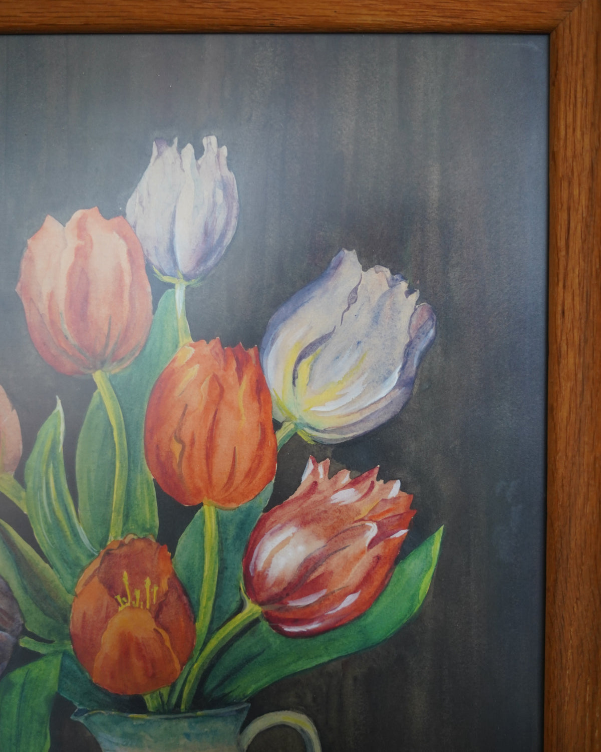 Watercolor of tulips in a pitcher, J. Mayer 1948