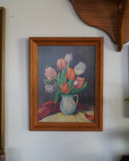 Watercolor of tulips in a pitcher, J. Mayer 1948