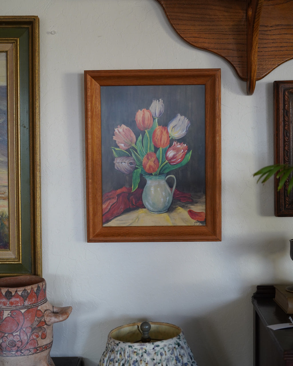 Watercolor of tulips in a pitcher, J. Mayer 1948