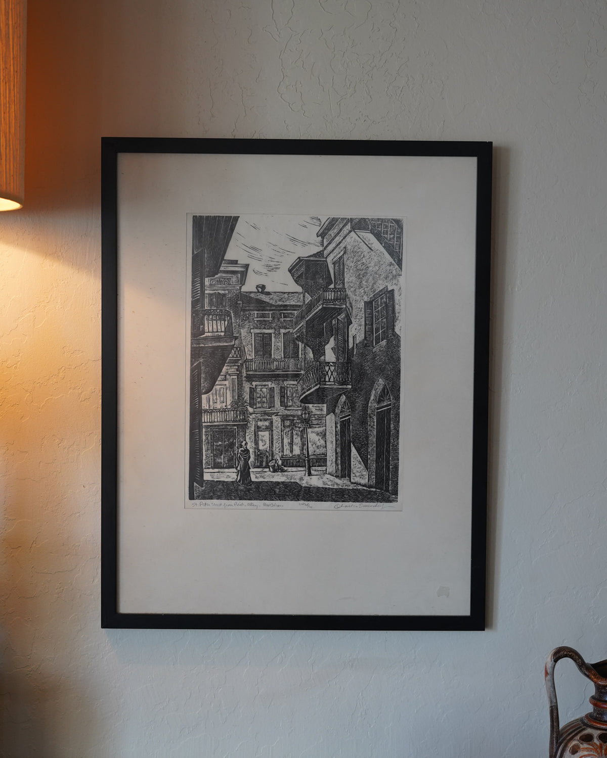 Charles Surendorf woodcut, St. Peter Street from Pirate's Alley, New Orleans