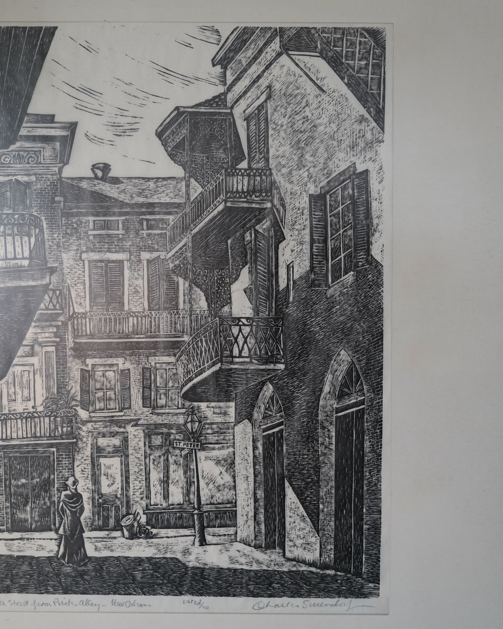 Charles Surendorf woodcut, St. Peter Street from Pirate's Alley, New Orleans