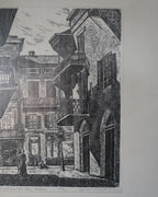 Charles Surendorf woodcut, St. Peter Street from Pirate's Alley, New Orleans