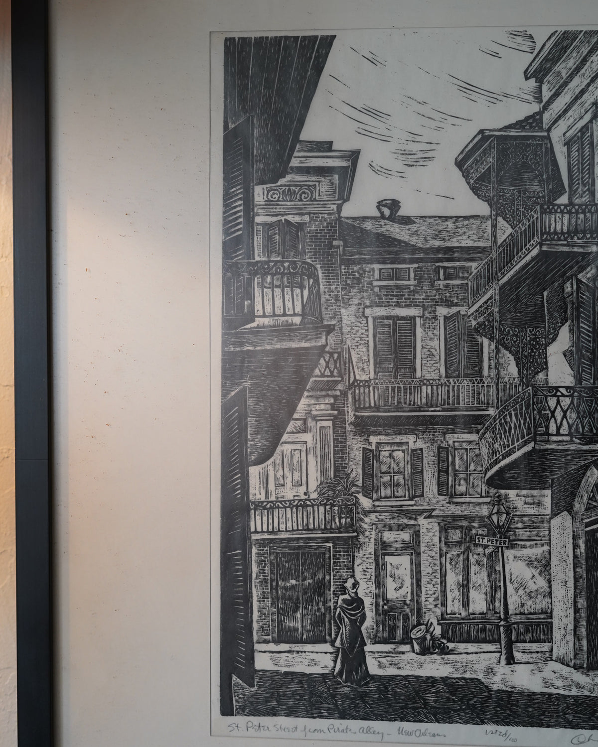 Charles Surendorf woodcut, St. Peter Street from Pirate's Alley, New Orleans