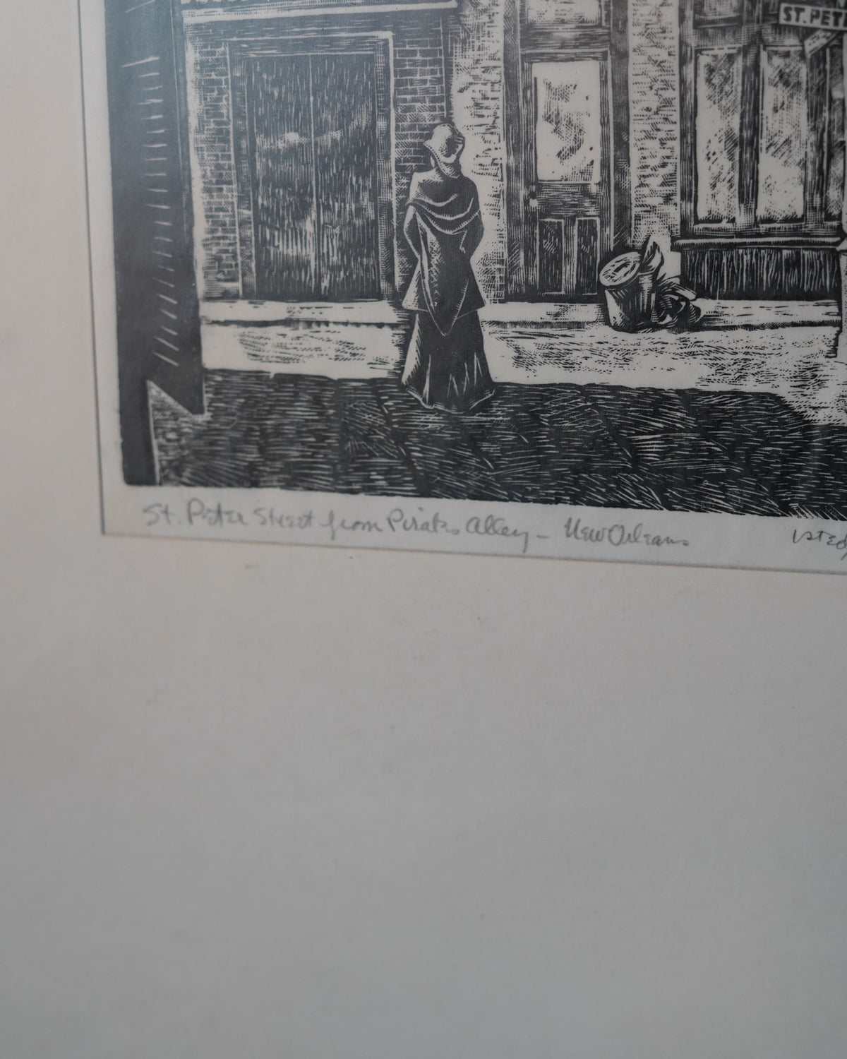 Charles Surendorf woodcut, St. Peter Street from Pirate's Alley, New Orleans