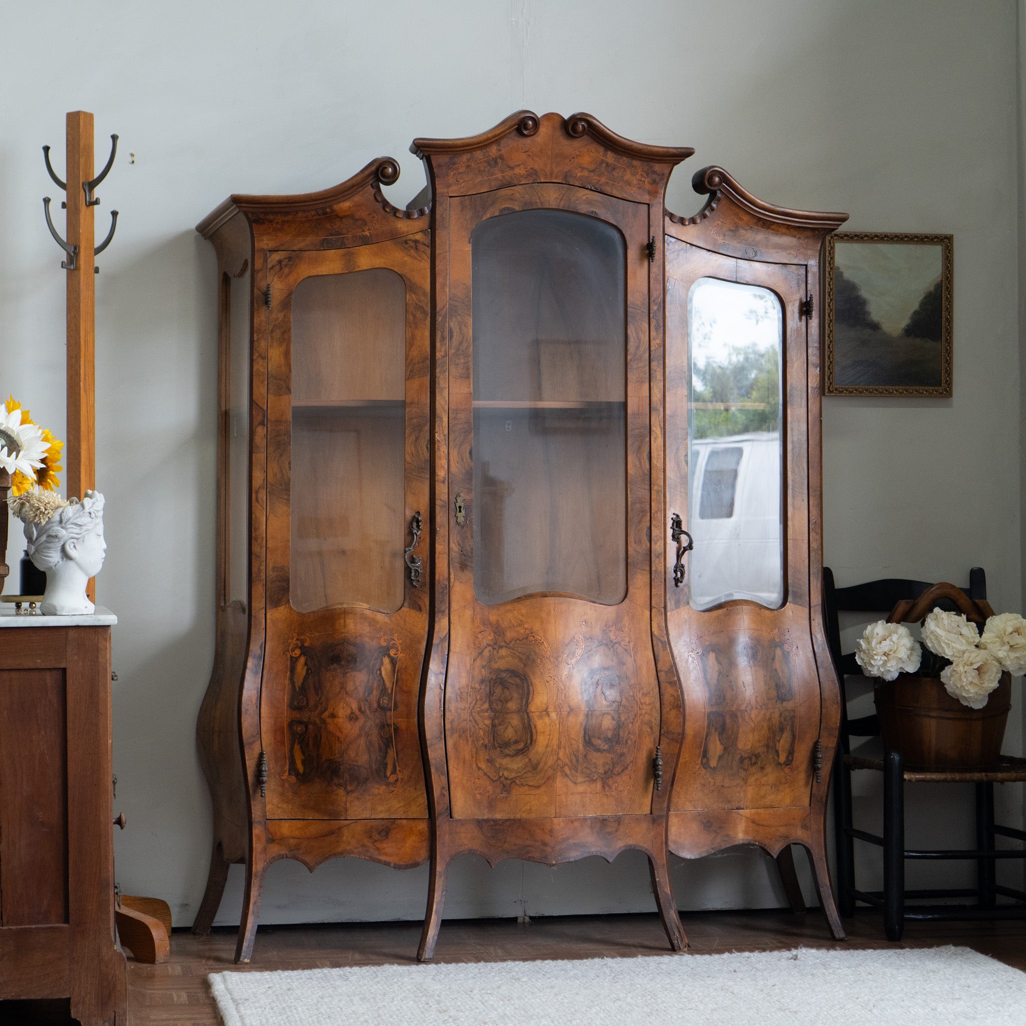 Vintage Bombay China Cabinet | Burl Wood Veneer | Statement Piece