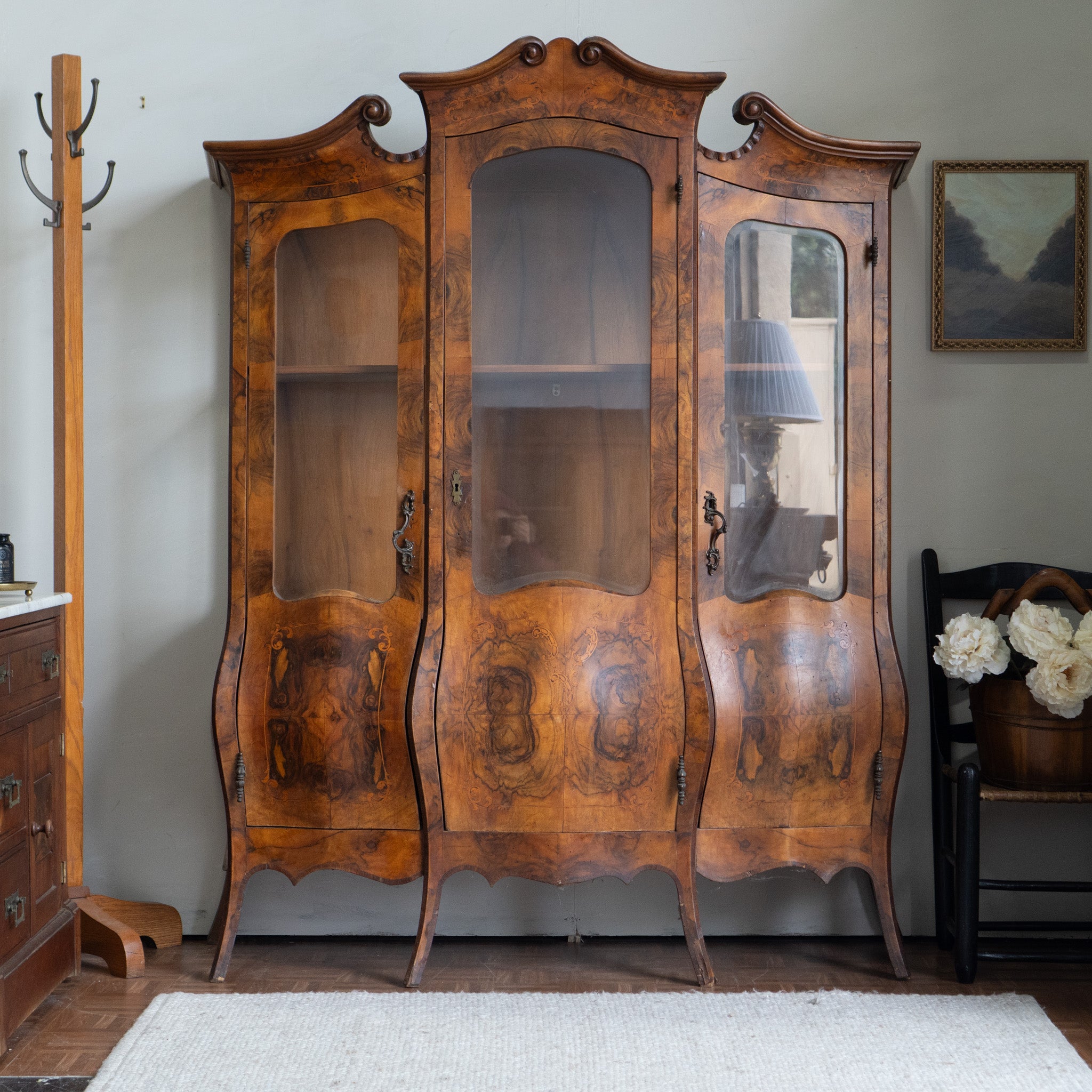Vintage Bombay China Cabinet | Burl Wood Veneer | Statement Piece