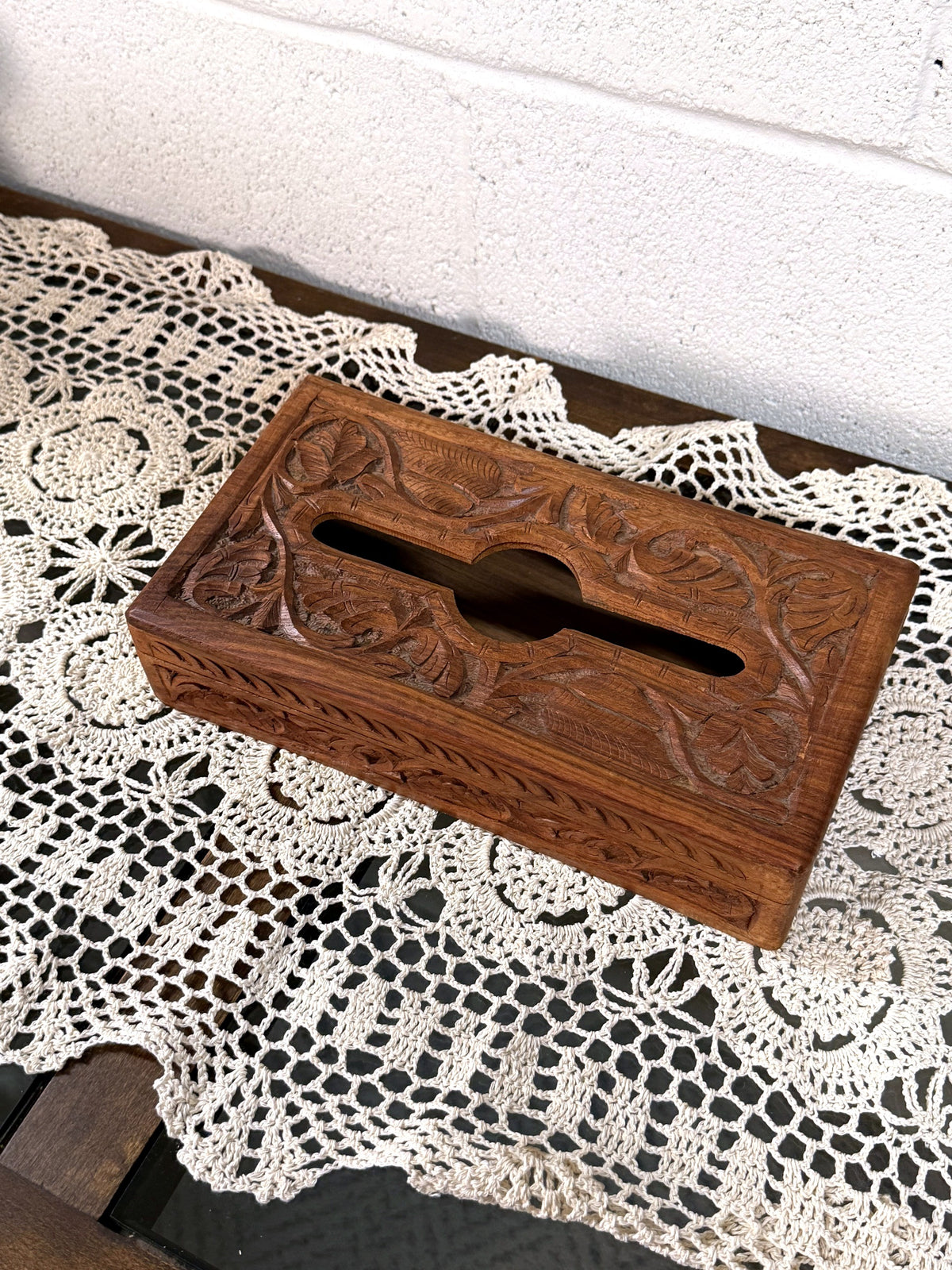 Vintage Hand-Carved Wood Tissue Box