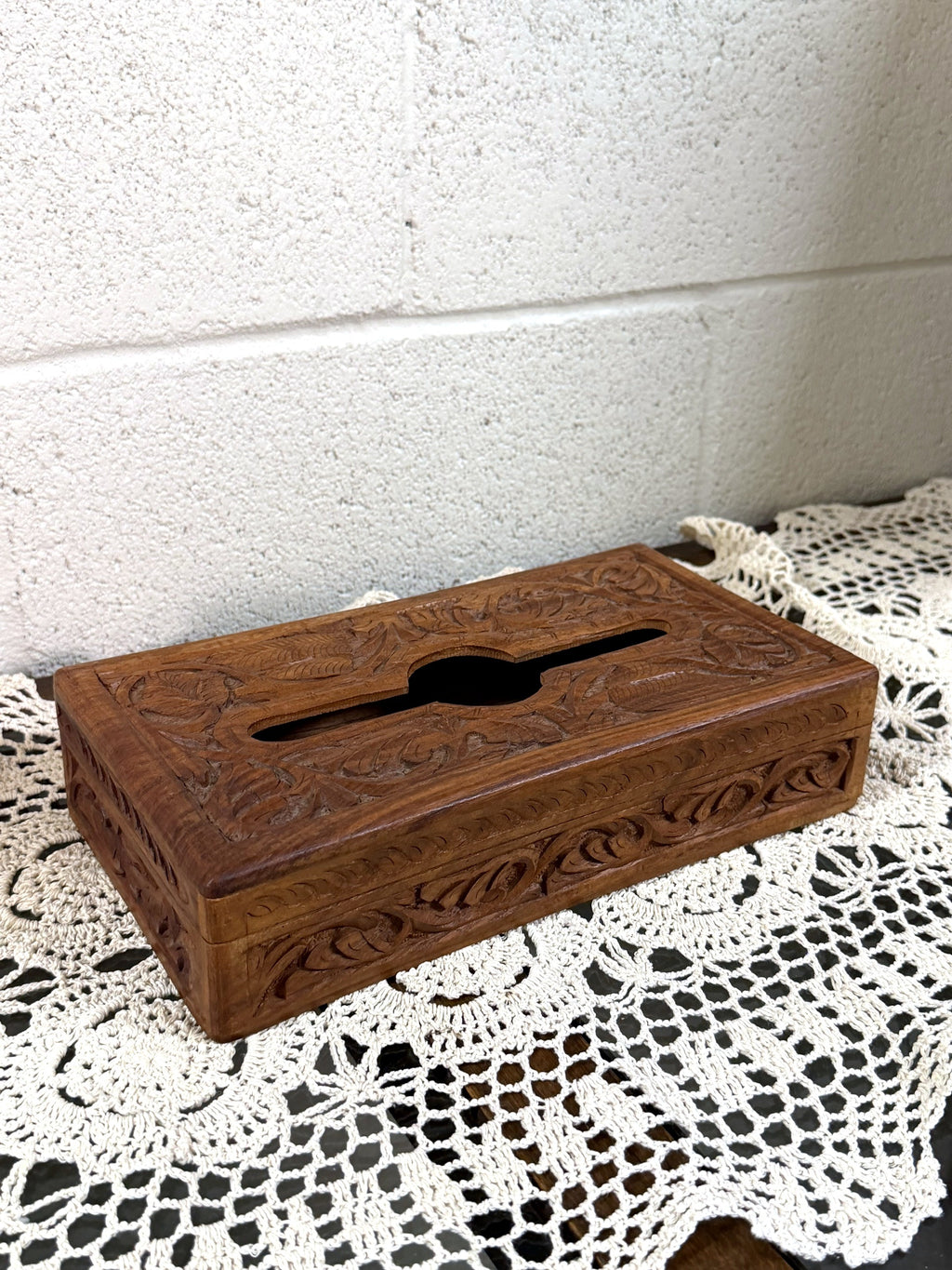 Vintage Hand-Carved Wood Tissue Box
