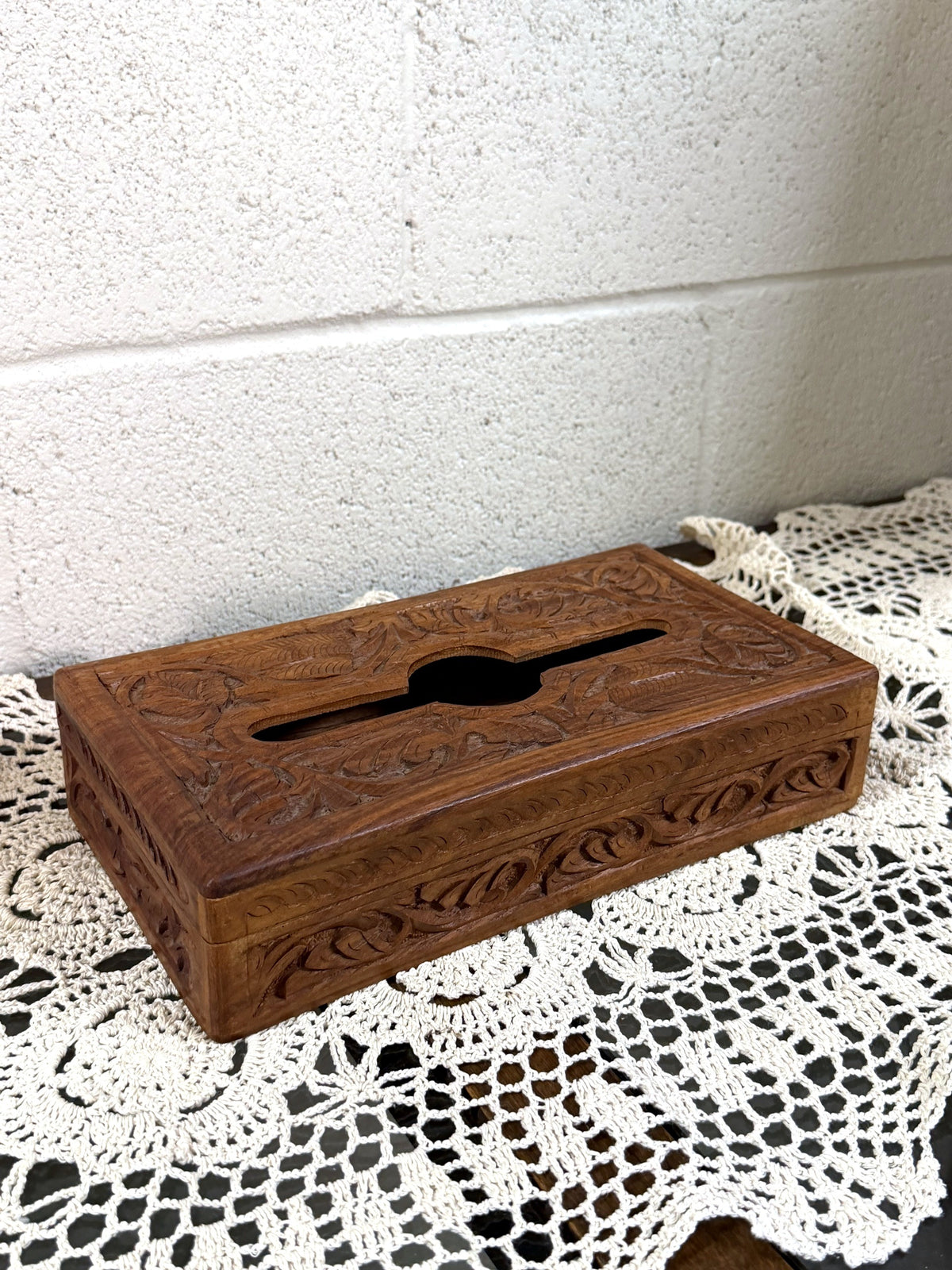 Vintage Hand-Carved Wood Tissue Box