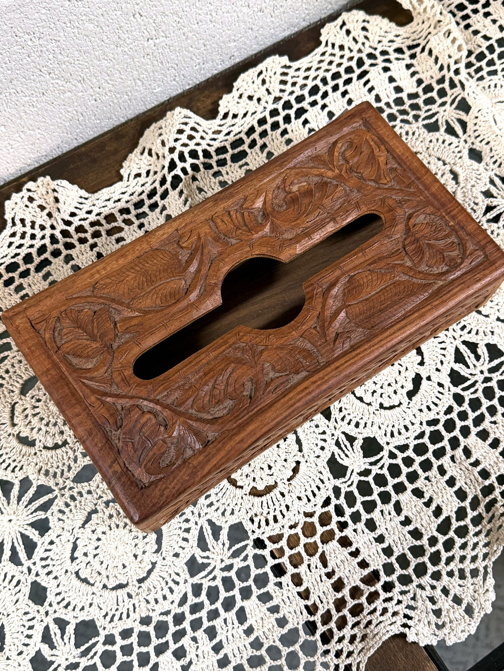 Vintage Hand-Carved Wood Tissue Box, top view
