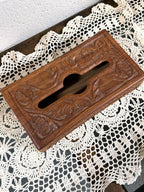 Vintage Hand-Carved Wood Tissue Box, top view